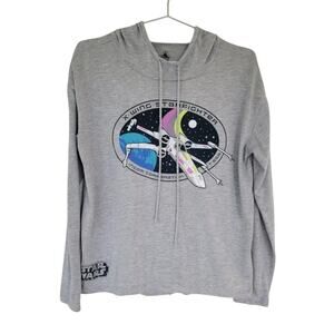 Disney X Wing Starfighter Star Wars Hooded Tee Mens Unisex Sz S Gray Long Sleeve